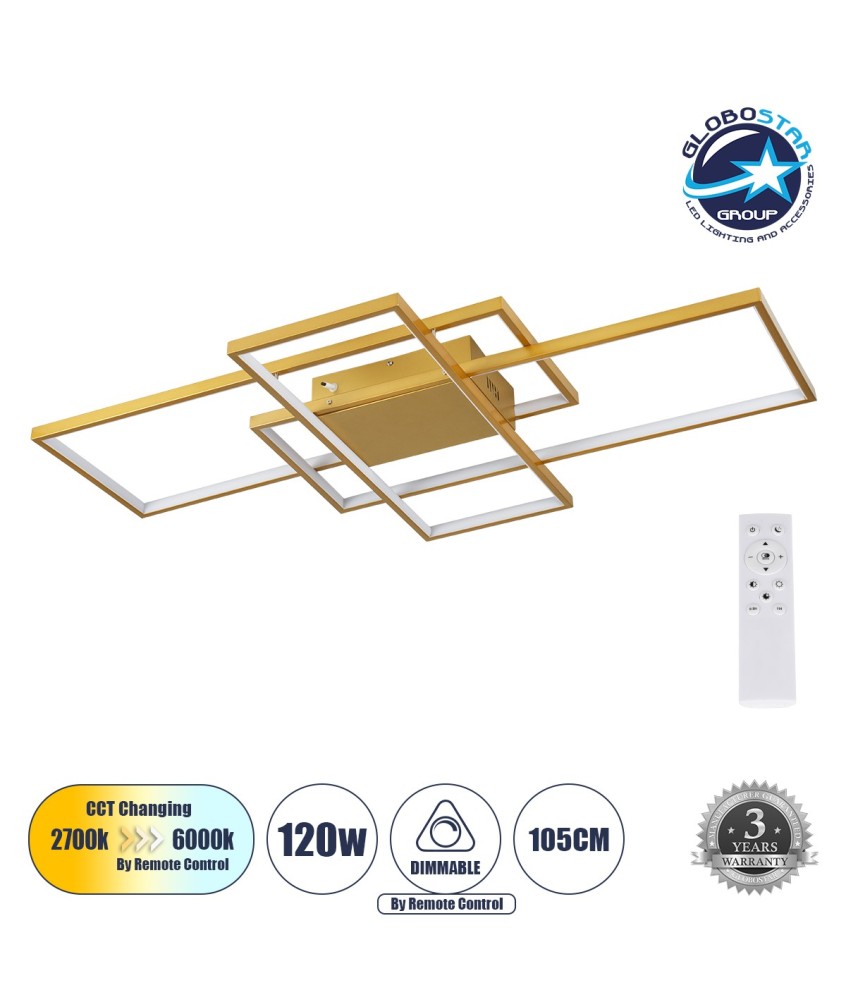 GLOBOSTAR® QUADRA 61390 Μοντέρνο Φωτιστικό Οροφής LED 120W 14400lm 120° AC 220-240V IP20 Ρυθμιζόμενο Λευκό CCT με Χειριστήριο από 2700K έως 6000K Dimmable - Lumileds SMD Chip - Χρυσό Βούρτσας - Μ105 x Π60 x Υ9cm - 3 Χρόνια Εγγύηση